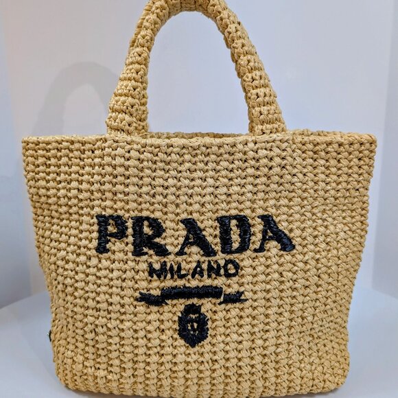 Prada Handbags - Prada Natural/Beige Small Woven Raffia Tote